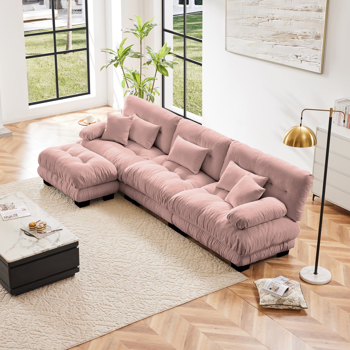 L-Shaped Modular Sectional Sofa with Convertible Ottoman, Deep-Seat Chenille Upholstery Living Room Pink