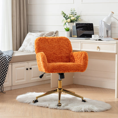 Orange Upholstered Home Office Chair with Golden Base - Adjustable Swivel Vanity Chair Featuring Artificial Rabbit Hair and Reclining Chassis
