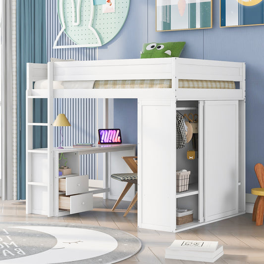 Space-Saving White Wood Loft Bed with Integrated Wardrobes and 2-Drawer Desk