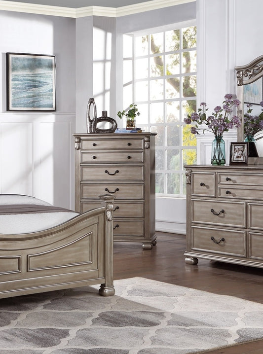 Elegant Antique Silver 5-Drawer Chest for Timeless Bedroom Storage