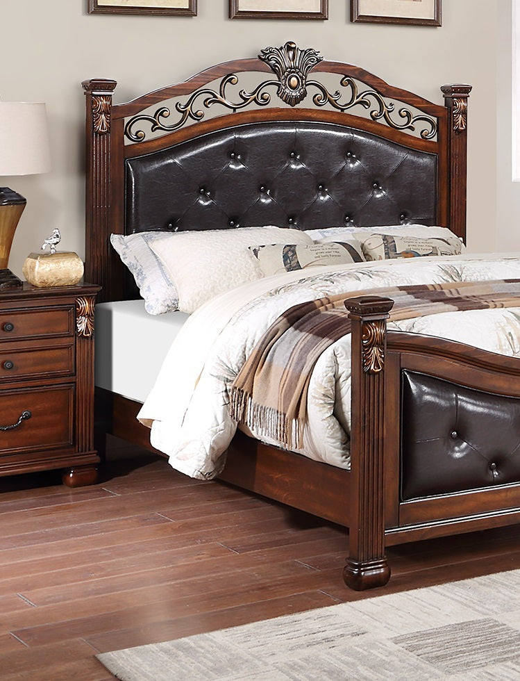 Elegant Dark Cherry Queen Size Bed with Tufted Faux Leather Headboard and Footboard