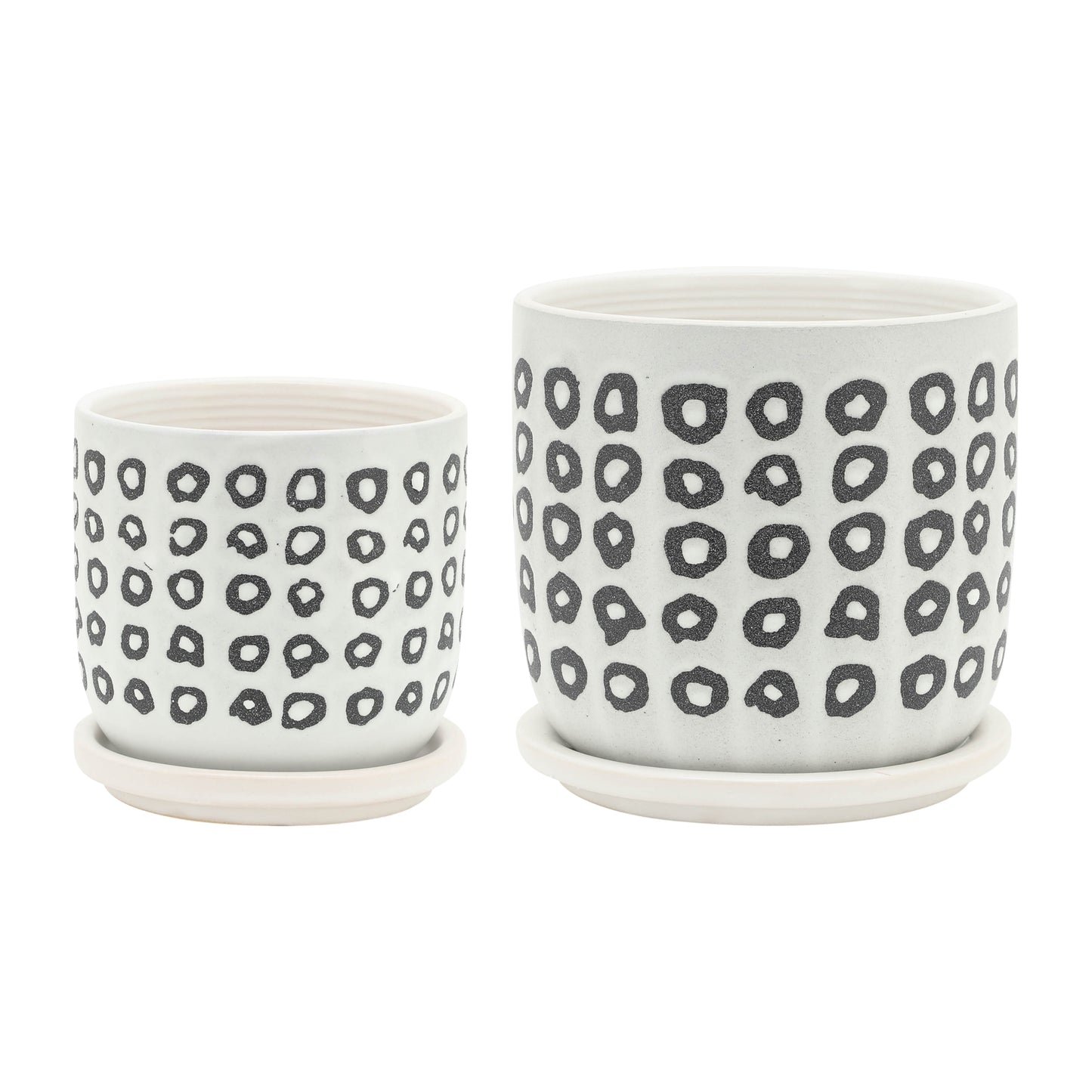 Set of 2 Ceramic Planters with Saucer, 4.5in & 6in, Drainage Holes, Aztec Modern, Indoor/Outdoor, Black