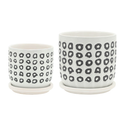 Set of 2 Ceramic Planters with Saucer, 4.5in & 6in, Drainage Holes, Aztec Modern, Indoor/Outdoor, Black