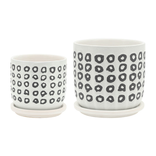 Set of 2 Ceramic Planters with Saucer, 4.5in & 6in, Drainage Holes, Aztec Modern, Indoor/Outdoor, Black