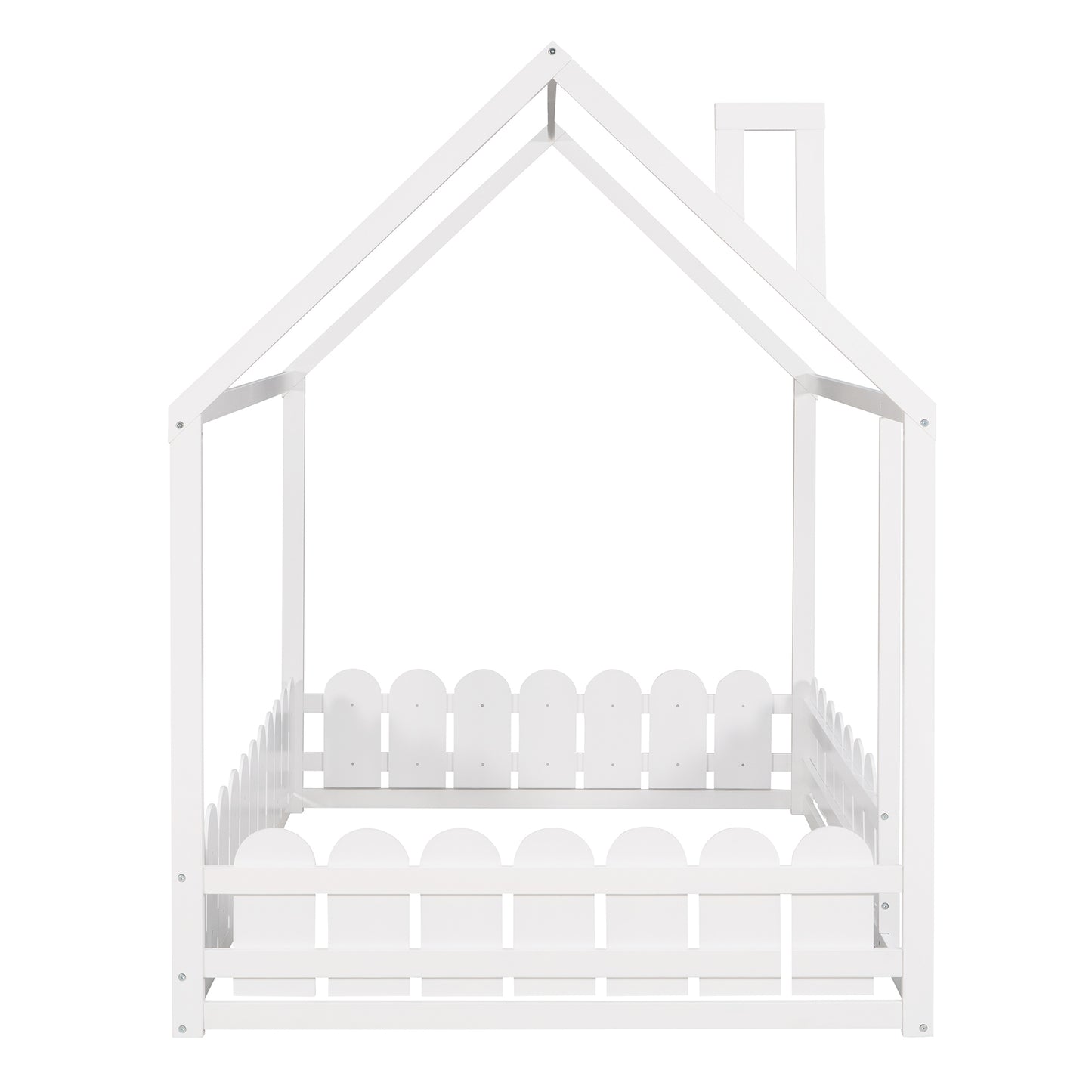 Full Size Wooden House Bed Frame with Fence for Kids and Teens - White (Slats Not Included)