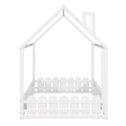 Full Size Wooden House Bed Frame with Fence for Kids and Teens - White (Slats Not Included)