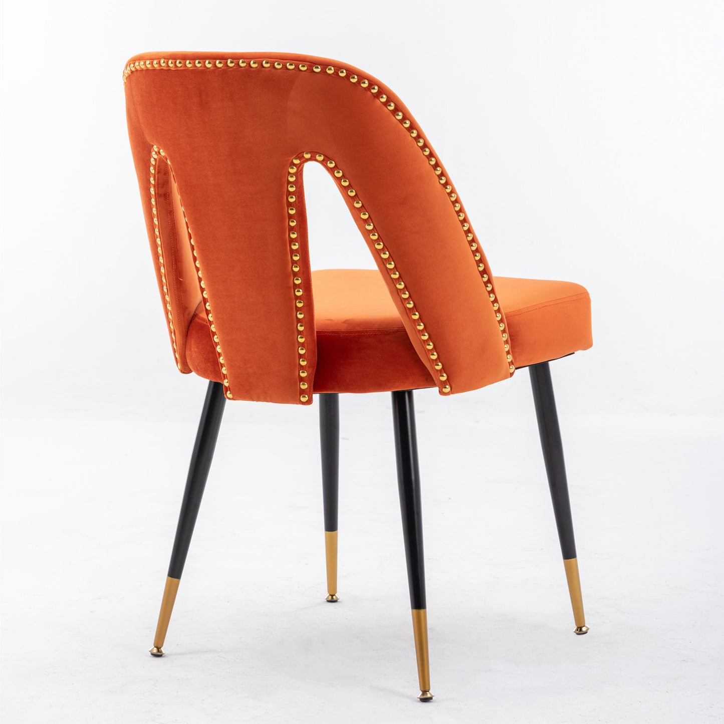 Set of 2 Velvet Upholstered Dining Chairs with Nailhead Trim and Gold-Tipped Black Metal Legs, Orange