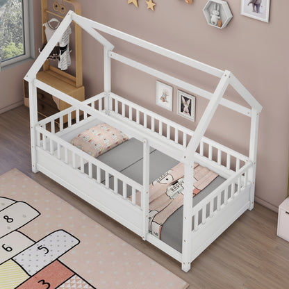 Whimsical Twin Floor Bed with House Roof and Safety Guardrails in White