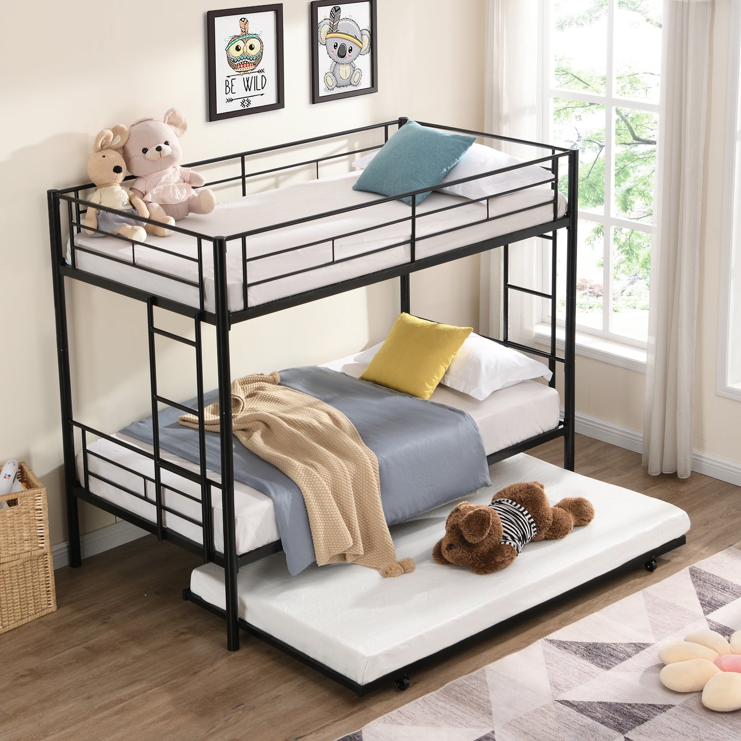 Black Metal Bunk Bed with Trundle for Space-Saving Comfort