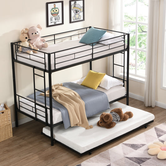 Black Metal Bunk Bed with Trundle for Space-Saving Comfort
