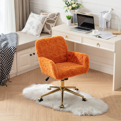 Orange Upholstered Home Office Chair with Golden Base - Adjustable Swivel Vanity Chair Featuring Artificial Rabbit Hair and Reclining Chassis