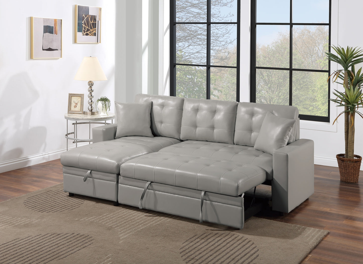 Faux Leather Convertible Sectional Sofa with Pull-Out Bed and Storage Chaise, 2-Piece 89x58 Light Gray