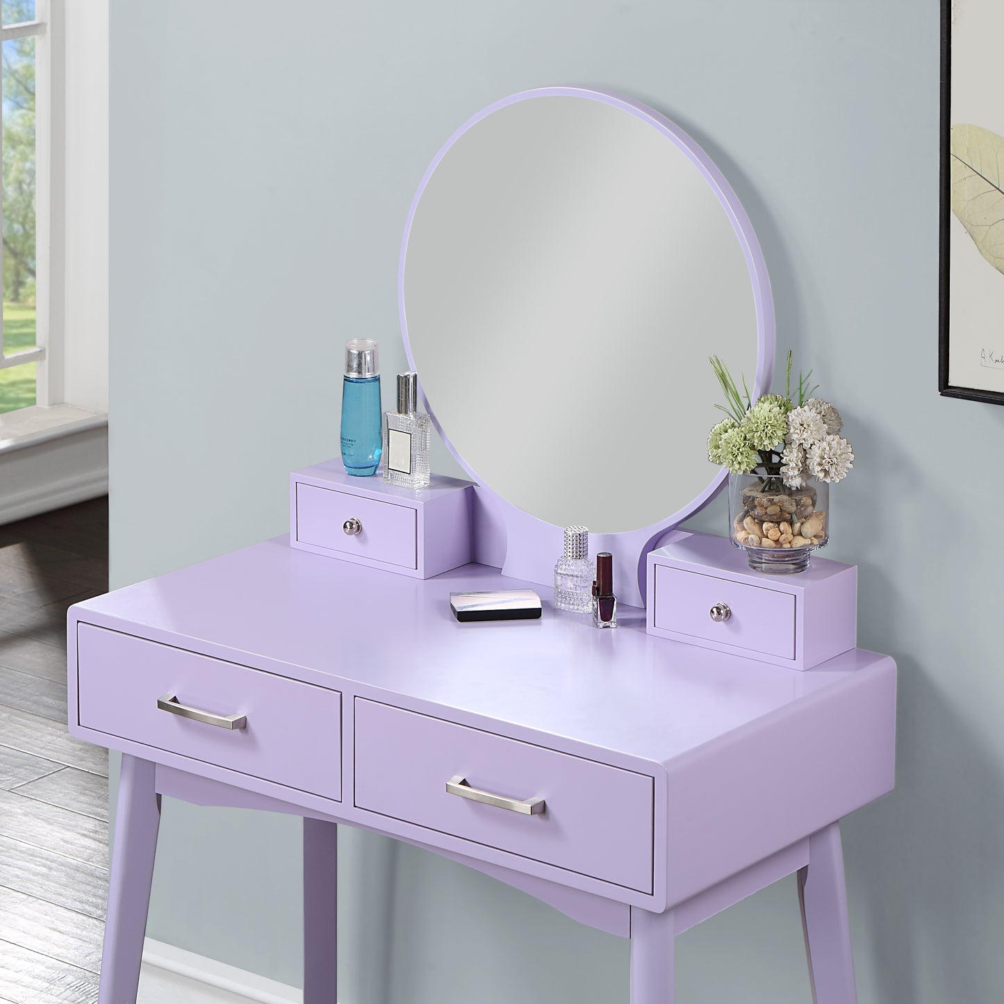 Contemporary Wood Vanity with Stool Set, 1-Drawer Makeup Table for Bedroom and Dressing Room - Purple