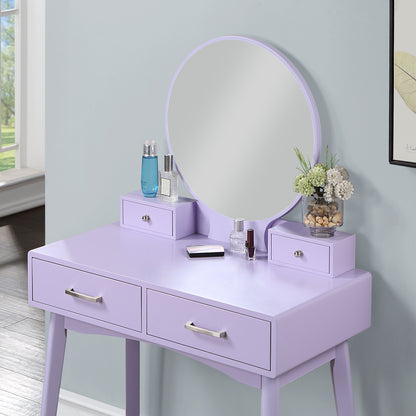 Contemporary Wood Vanity with Stool Set, 1-Drawer Makeup Table for Bedroom and Dressing Room - Purple