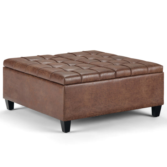 36-Inch Lift-Top Storage Coffee Table & Ottoman with Faux Leather Hidden Storage Distressed Umber Brown