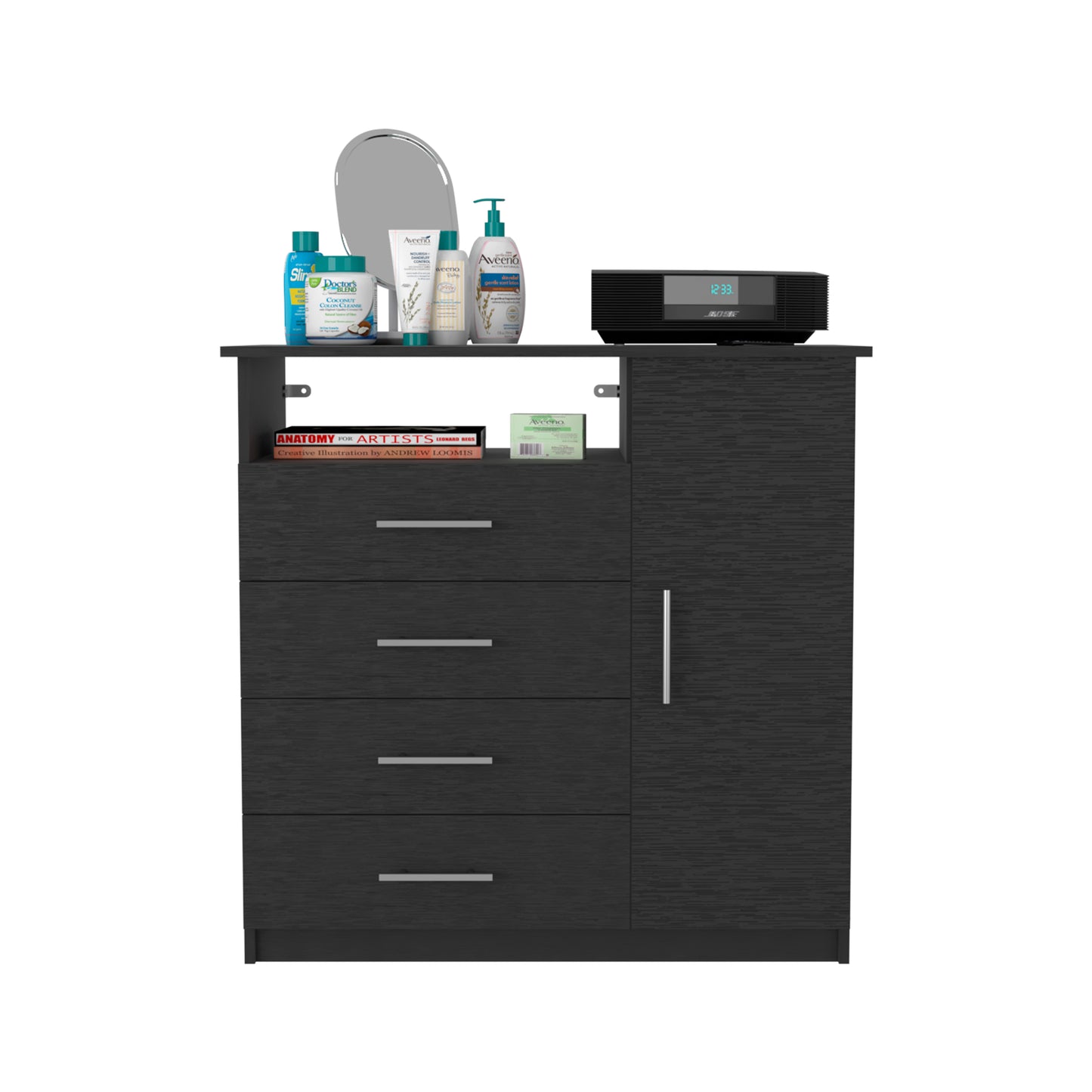 Sleek Black 4 Drawer Dresser with Open Shelf and Cabinet Storage