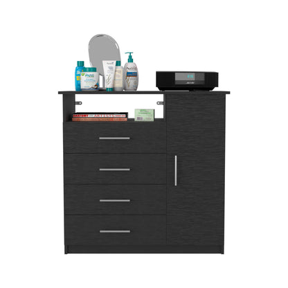 Sleek Black 4 Drawer Dresser with Open Shelf and Cabinet Storage