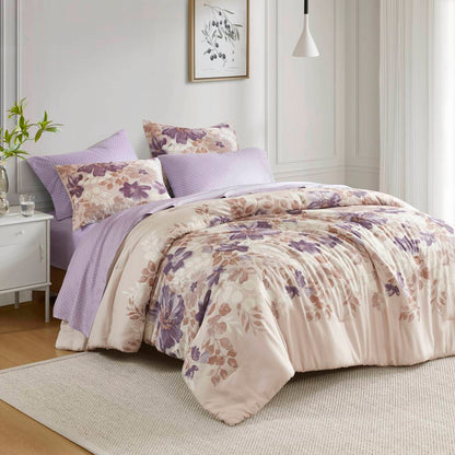 Cal King Floral 7-Piece Comforter Set Bed-In-A-Bag Watercolor Print Microfiber Hypoallergenic Taupe