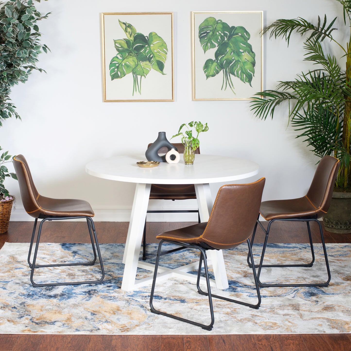 Round Dining Set 5Piece Trestle Table And 4 Chairs White