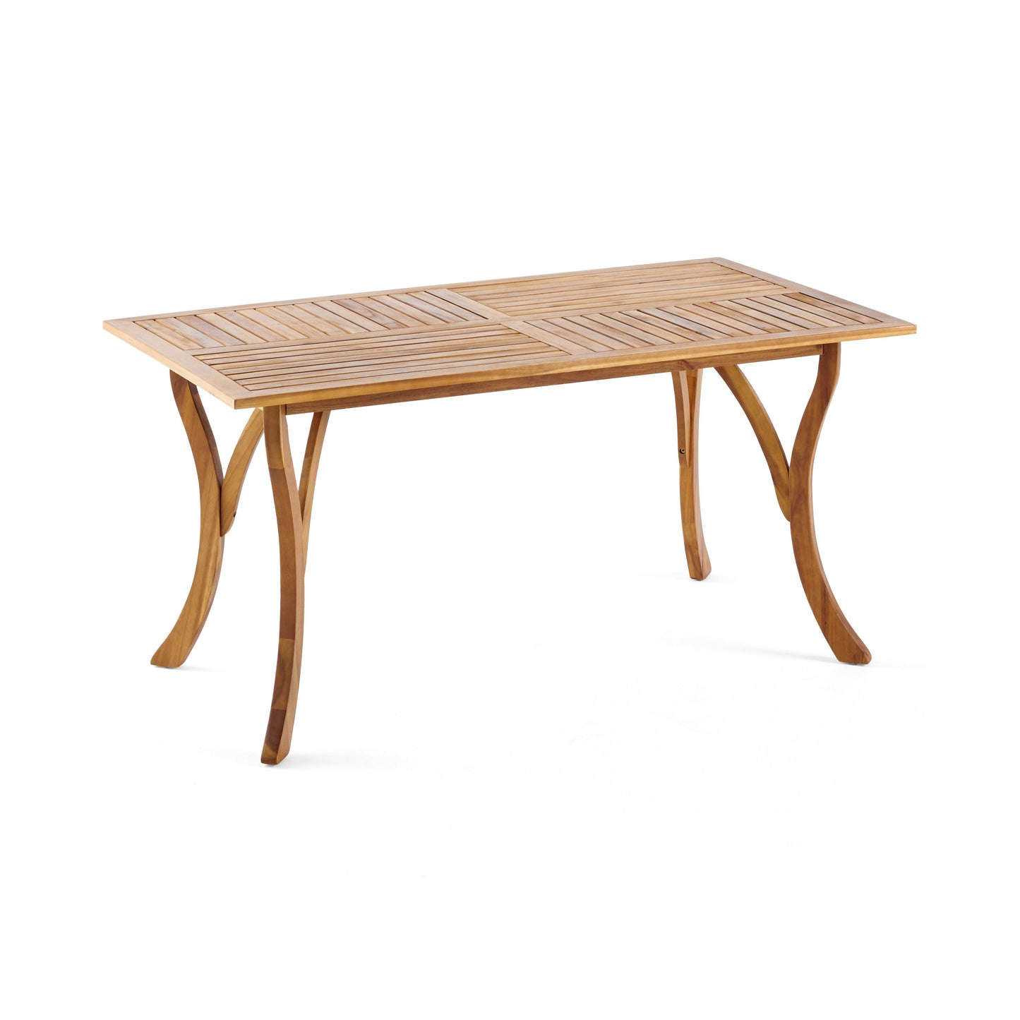 Outdoor Rectangular Dining Table With Curved Legs And Slatted Top In Acacia Wood 59In Long 31In Wide Teak
