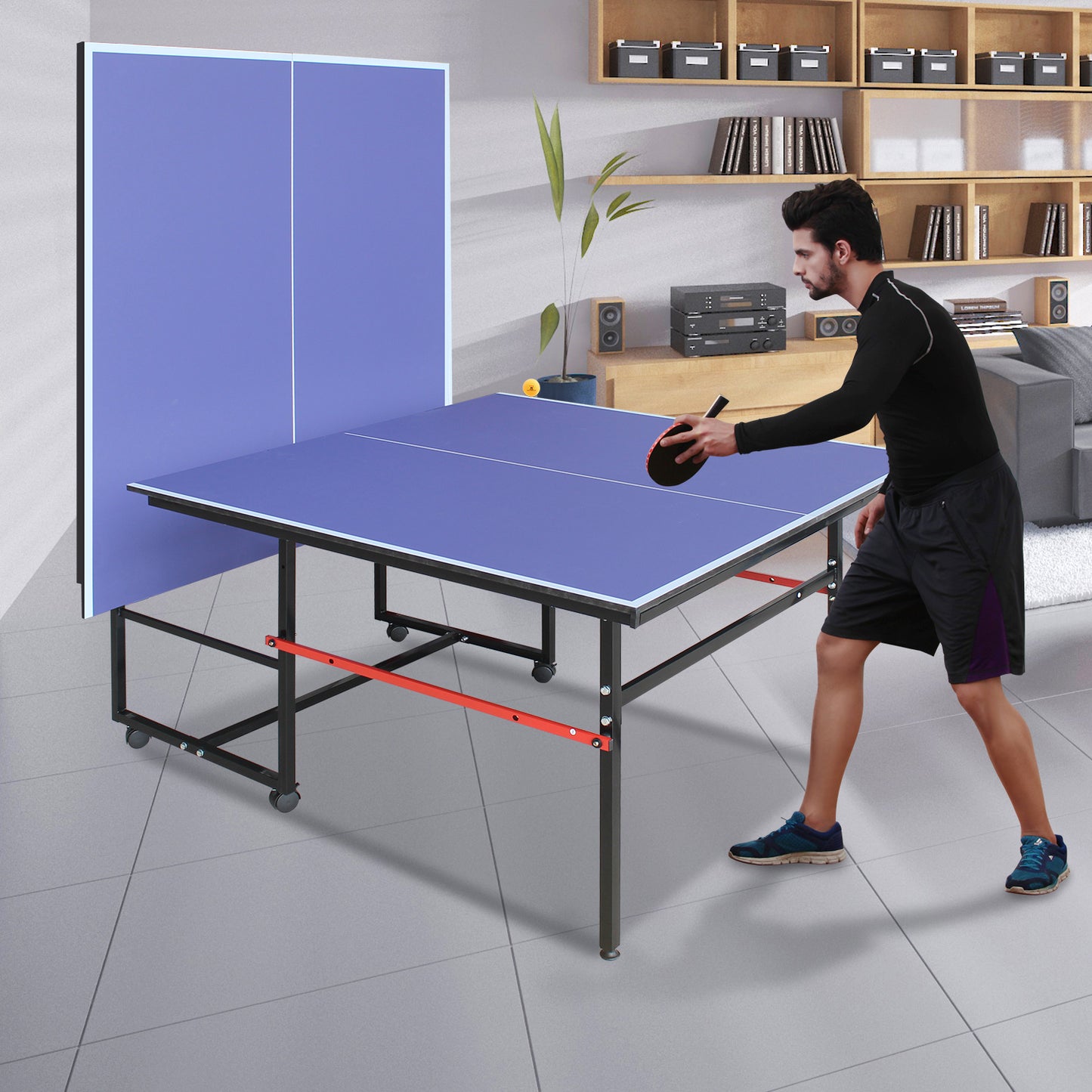 8ft Foldable Mid-Size Table Tennis Table Set for Indoor/Outdoor Use with Net, 2 Paddles, 3 Balls – Portable Blue