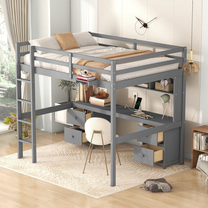 Gray Full Size Loft Bed with Integrated Desk, Storage Solutions, and Charging Station