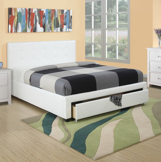 Elegant White Queen Size Bed with Faux Leather Upholstery and Under Bed Storage