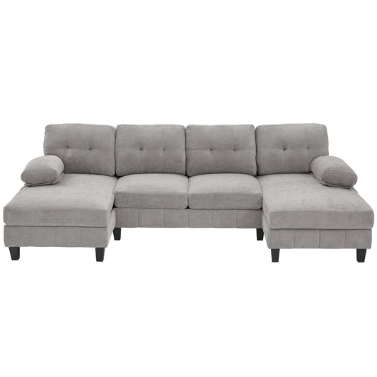 U-Shaped Sectional Sofa with Dual Chaise, 103.5 in, Chenille Upholstery, Tufted Back, 4-Seater Grey