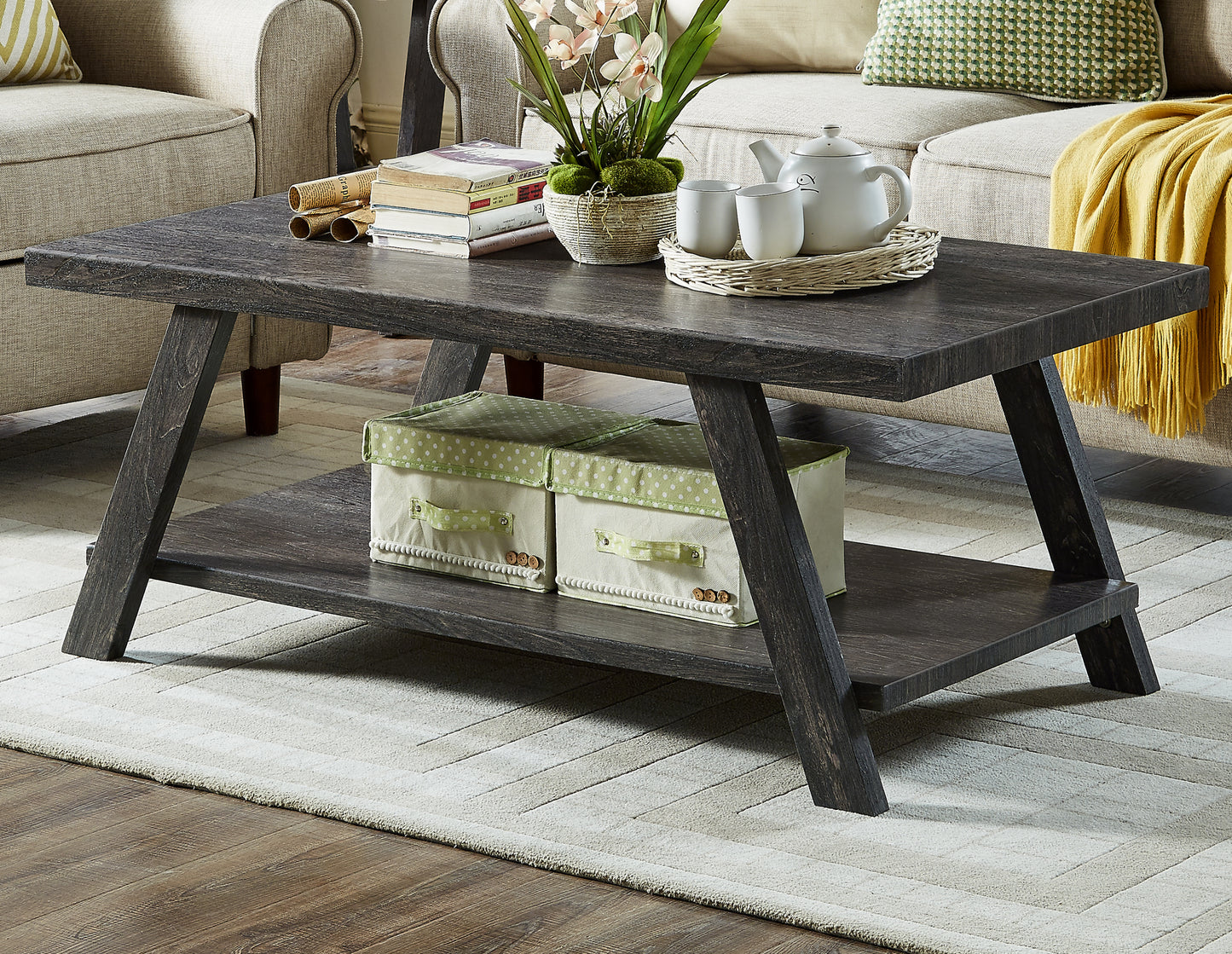 Contemporary Coffee Table with Lower Shelf, 48W x 24D x 19H, Veneer, Assembly, Charcoal Finish