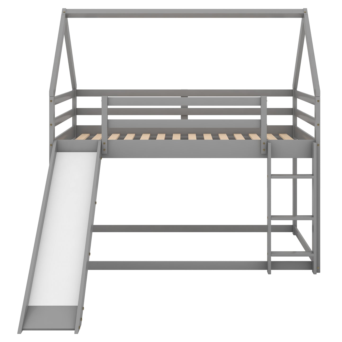 Gray Twin Bunk House Bed with Slide and Ladder for Kids