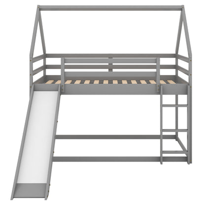 Gray Twin Bunk House Bed with Slide and Ladder for Kids