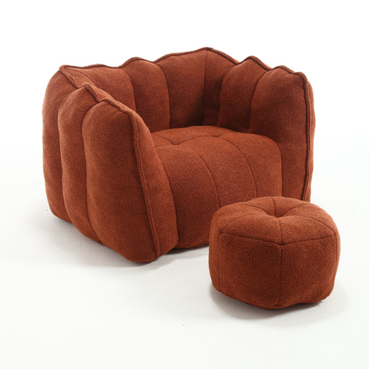 Chenille Bean Bag Chair with High-Resilient Foam, LR/BR, Square Lazy Sofa with Footstool - Red and Brown