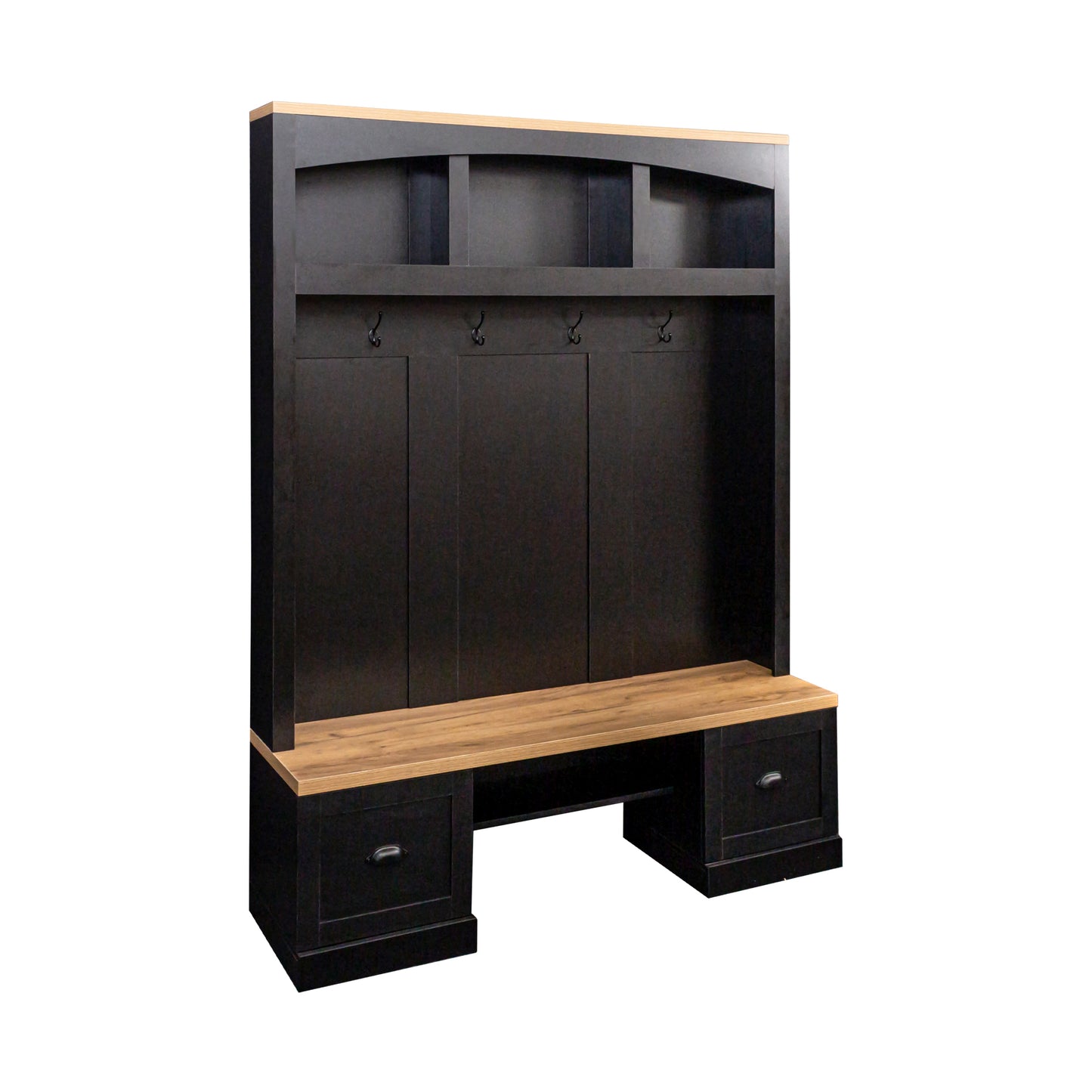 Farmhouse 4-in-1 Hall Tree with Wood Grain Bench and Top, Mudroom Organizer Adjustable Shelves Black