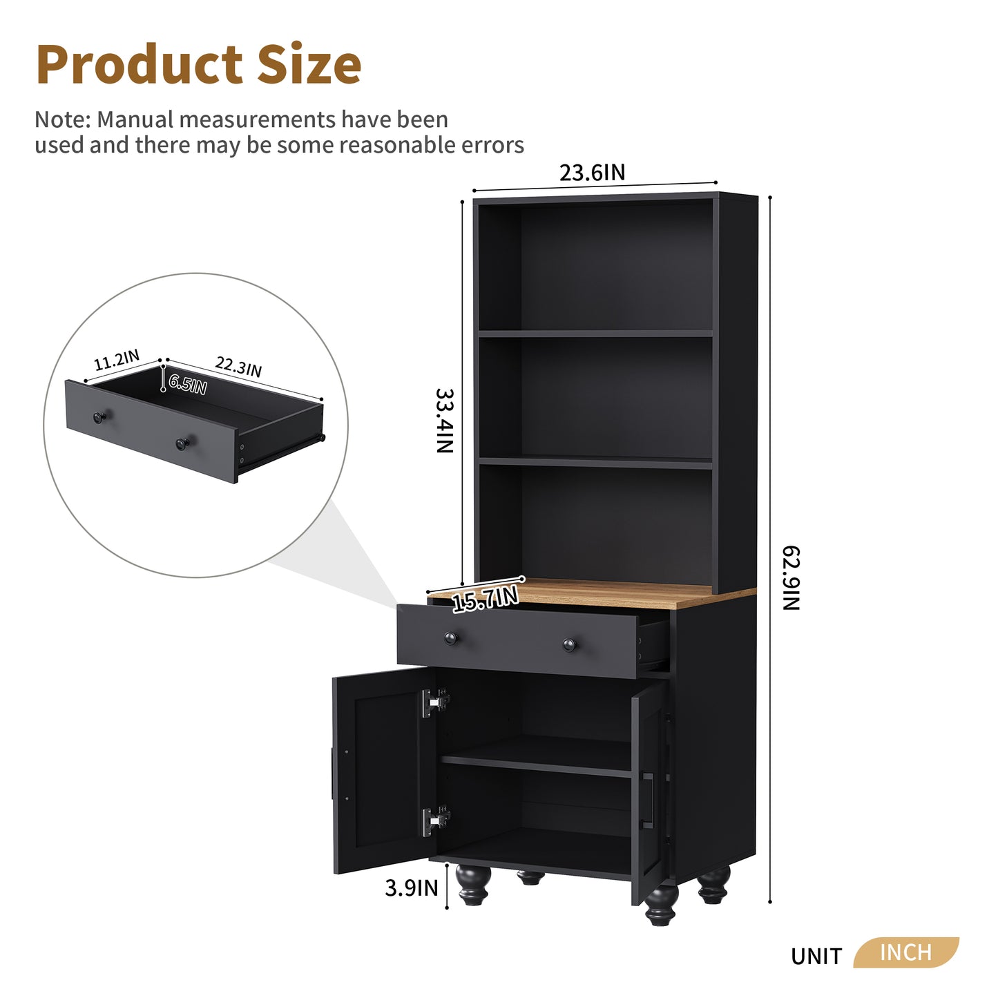 Elegant Black Farmhouse Storage Cabinet with Adjustable Shelves and Gourd-Shaped Legs, Versatile Kitchen Pantry and Bookshelf Solution