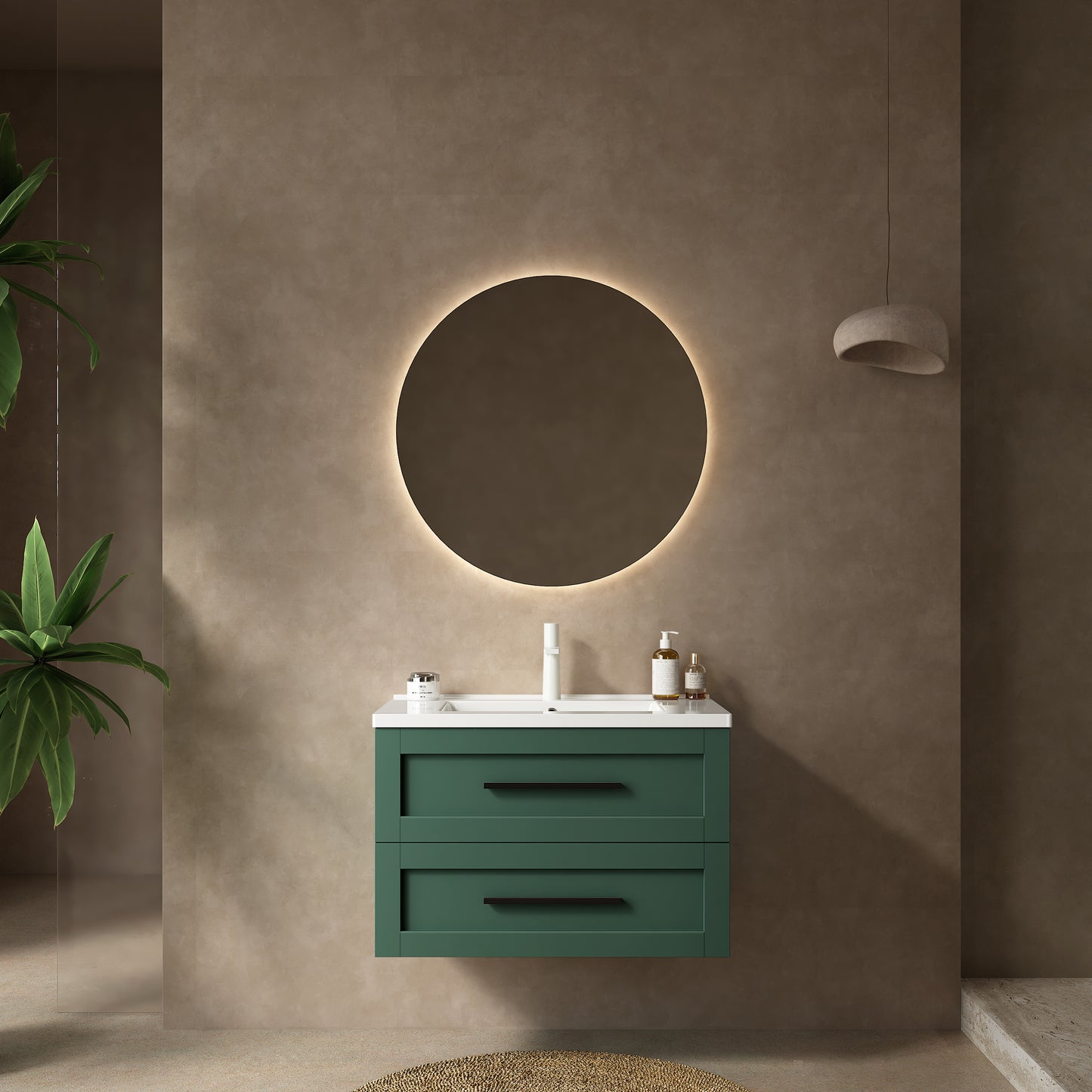 Modern 30" Wall-Mounted Bathroom Vanity with Green Accents and White Ceramic Sink, 2 Soft-Close Drawers