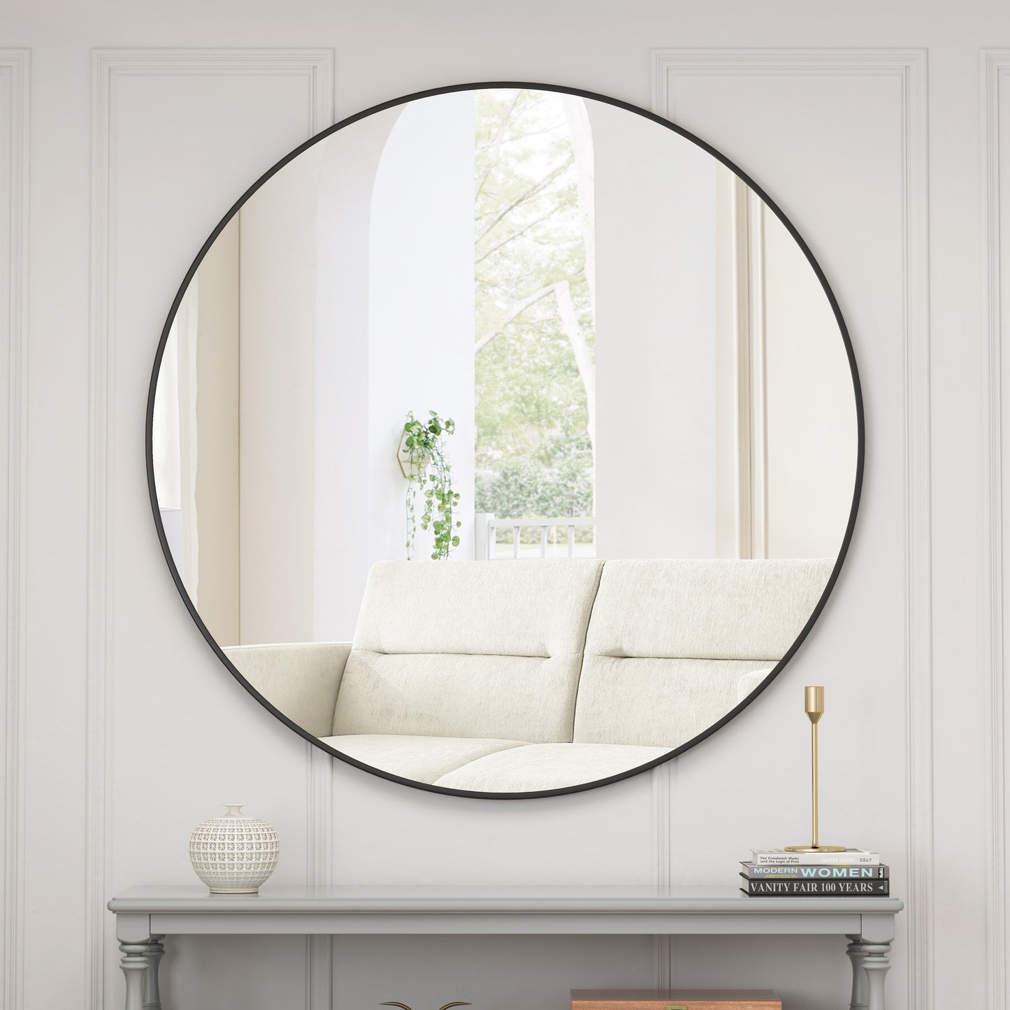 39-Inch Black Round Metal Framed Mirror for Bathroom, Living Room, and Bedroom Décor
