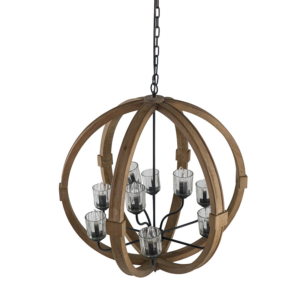 9-Light Globe Wood Chandelier with Adjustable Chain for Kitchen, Dining 31.5in Bulbs Not Included Brown