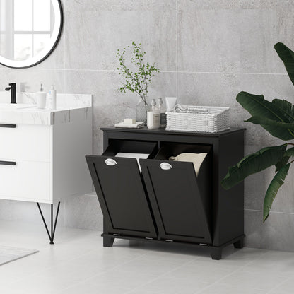 Modern Black Dual Compartment Laundry Hamper Cabinet with Tilt-Out Design for Bathroom Storage