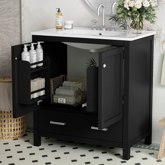 30-Inch Modern Black Bathroom Vanity with Single Sink and Soft-Close Doors, Stylish Storage Cabinet with Undermount Ceramic Basin, Durable Solid Wood Frame
