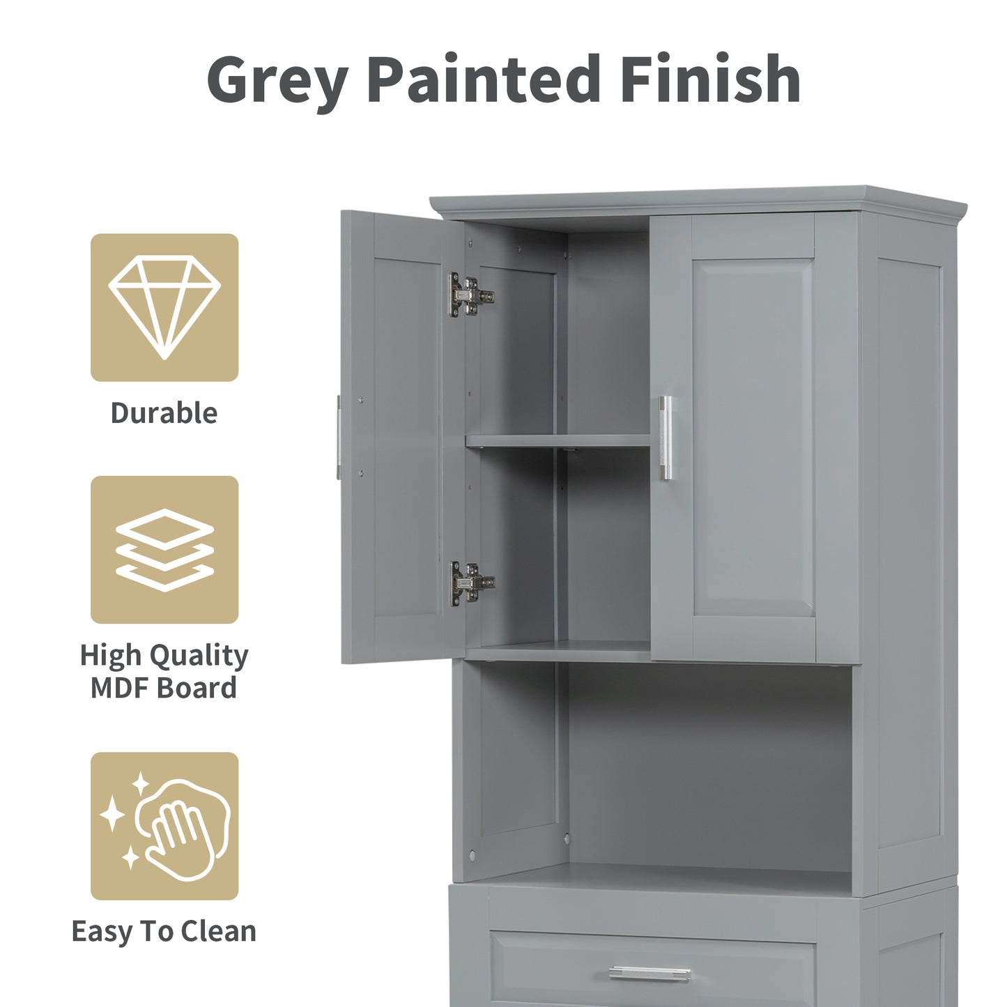 Tall Grey Storage Cabinet with Removable Laundry Hamper, Multi-Functional Upper Shelves and Cabinet Doors