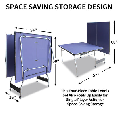 8ft Mid-Size Foldable TT Table for Indoor/Outdoor - Portable Ping Pong Set w/ Net, 2 Paddles, 3 Balls Blue