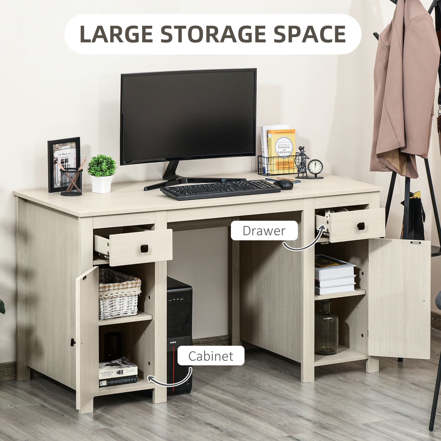 Cream White Farmhouse Style Computer Desk with Storage Drawers and Cabinets for Home Office
