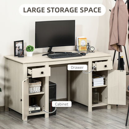 Cream White Farmhouse Style Computer Desk with Storage Drawers and Cabinets for Home Office