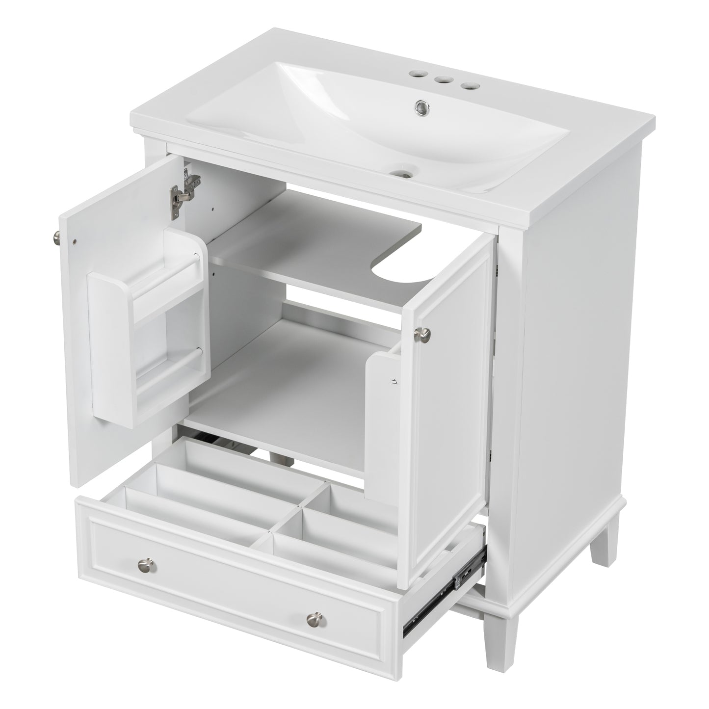 30" Modern Bathroom Vanity with Ceramic Sink, Multi-Storage Cabinet with Adjustable Shelves, Durable Solid Wood & MDF Construction, White Finish