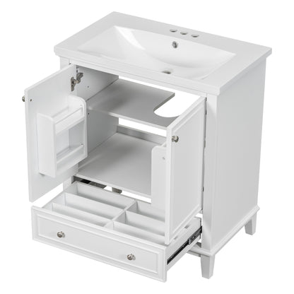 30" Modern Bathroom Vanity with Ceramic Sink, Multi-Storage Cabinet with Adjustable Shelves, Durable Solid Wood & MDF Construction, White Finish