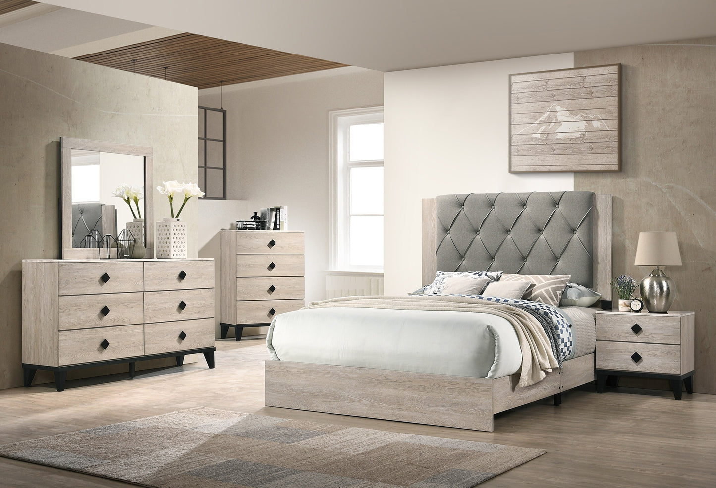 Contemporary Cream Nightstand with Drawers - Modern Bedside Table in Plywood
