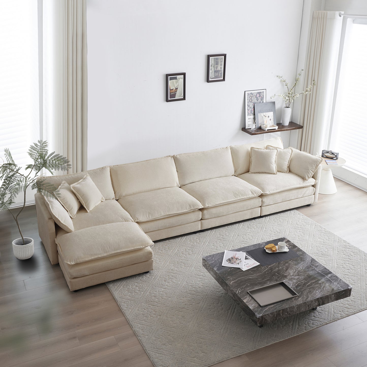 Modular U-Shape Sectional Sofa 5-Seater Convertible 1 Ottoman, Chenille Upholstery for Living Room Beige