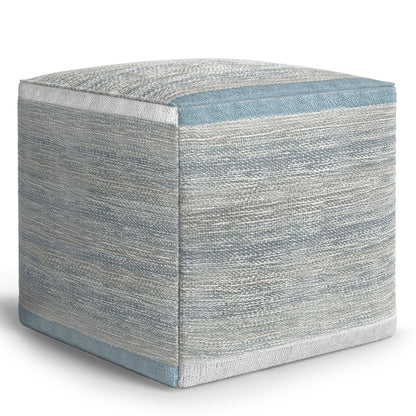 Cube Pouf, 16-Inch, Cotton, Polystyrene Bead-Filled, Dense Support, Assembled, Blue Melange