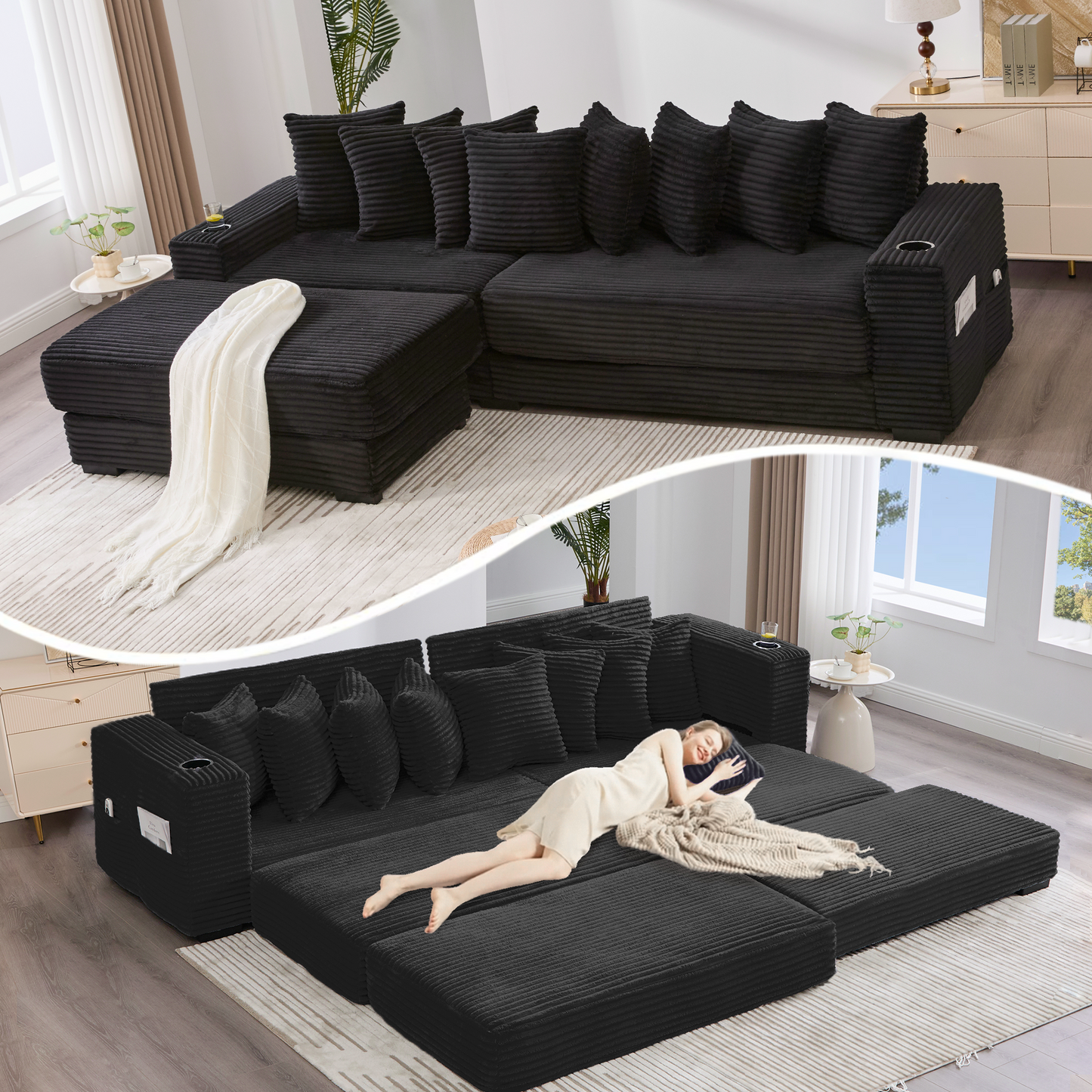 110.75-Inch Modular L-Sofa with Chaise, Corduroy Upholstery, Convertible Sofa Bed, 4-Seat Black
