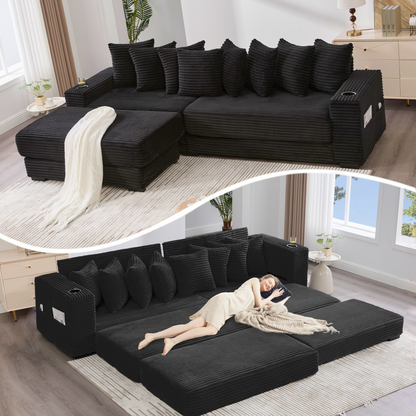 110.75-Inch Modular L-Sofa with Chaise, Corduroy Upholstery, Convertible Sofa Bed, 4-Seat Black